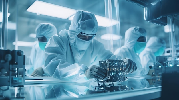 Workers assembling medical devices in a sterile cleanroom