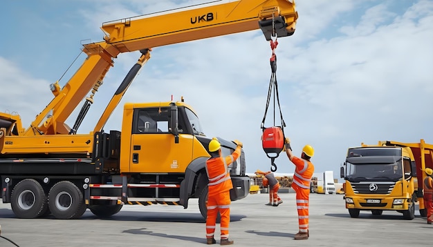 Workers attaching a crane hook to a load