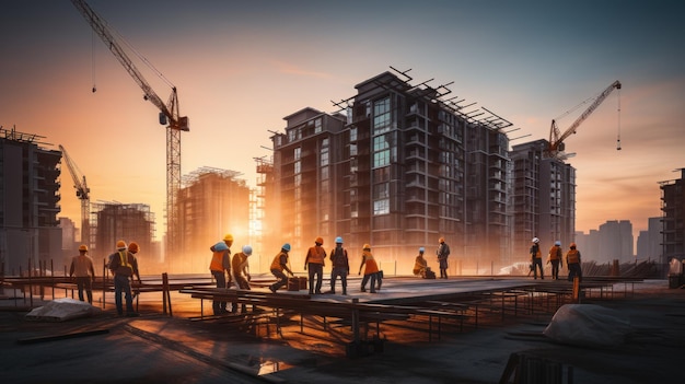 Workers building houses with cranes on construction sites