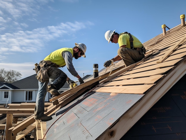 Photo workers building roof of house