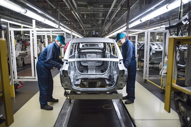 Workers on car production line in car factory Generative AI