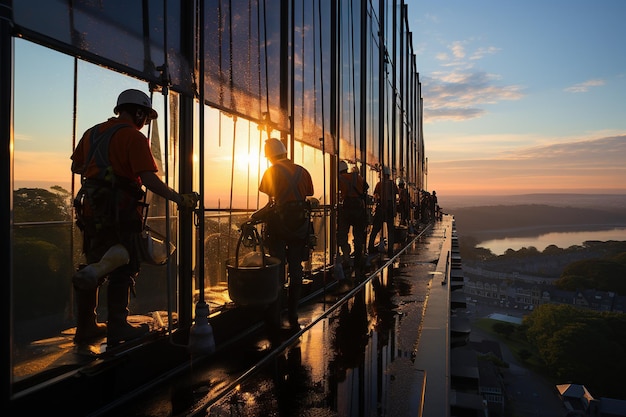 Workers cleaning highrise windows equipped with harnesses and hard hats are carefully suspended by ropes working at height Generated with AI