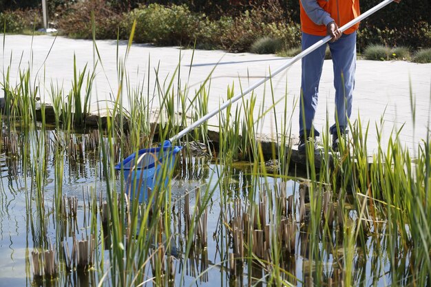 Workers cleaning lakeshore