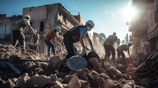 전쟁으로 황폐화된 도시나 마을의 잔해를 청소하는 노동자들