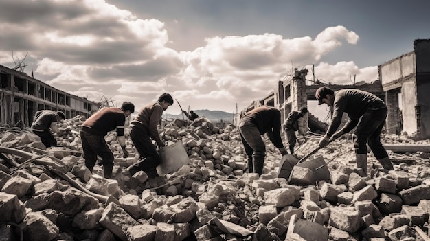 전쟁으로 황폐화된 도시나 마을의 잔해를 청소하는 노동자들
