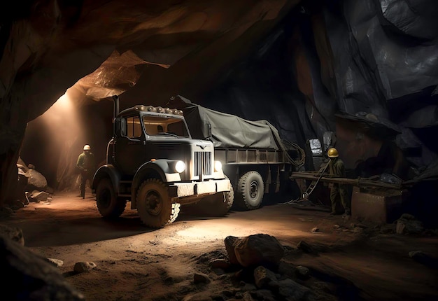 Workers in the coal mine with illuminated truck