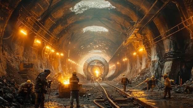 Foto gli operai costruiscono il tunnel nella roccia con attrezzature moderne e macchine di perforazione