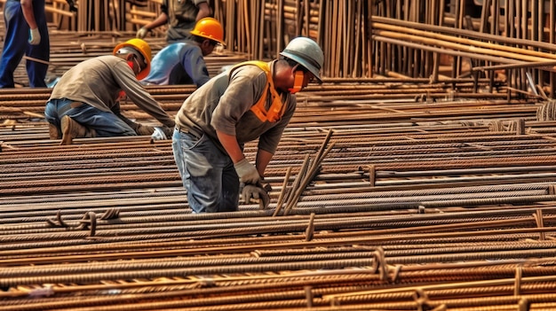 Workers at a construction site, one of the steel bars is being poured.