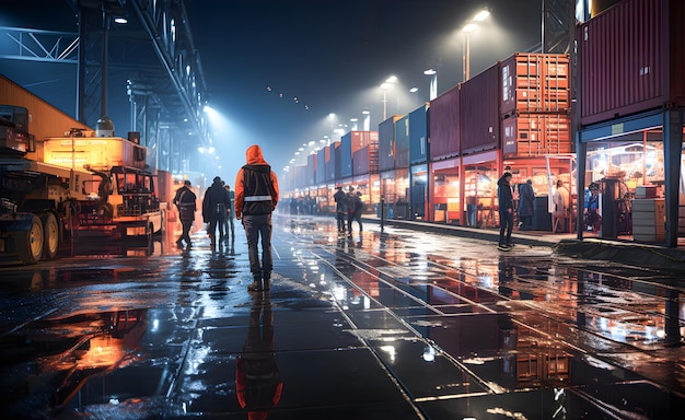 Workers at a container loading port Logistics on a dock loading and unloading containers Generative ai