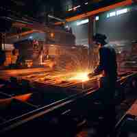 Photo workers cutting sheet metal with modern machine