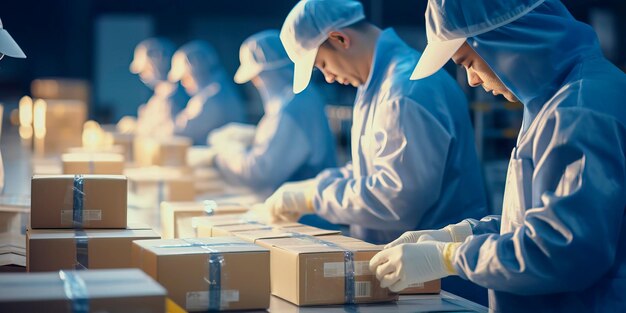 Photo workers diligently packaging and labeling finished products preparing them for shipment worldwide generative ai