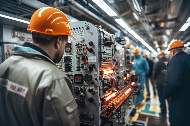 Workers electrician specialists work in a power plant Electrical control and management panels