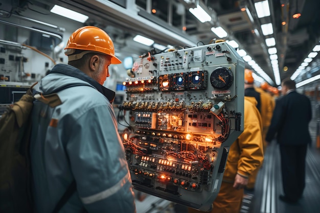 Workers electrician specialists work in a power plant Electrical control and management panels