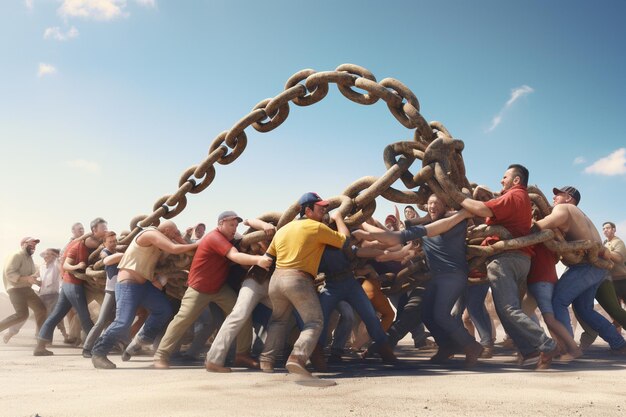 Photo workers engaging in a friendly game of tugofwar fo 00718 03