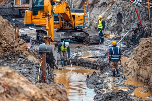 Workers and engineer in safety gear excavating for water drainage