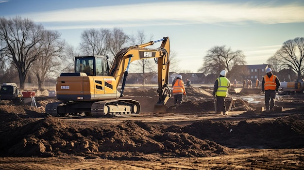 Workers expertly operate heavy machinery their calculated movements and equipment prowess digging and laying the groundwork with finesse Generated by AI