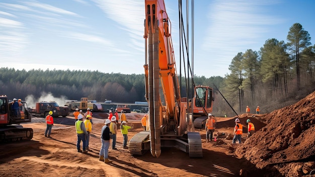 Workers expertly operate a pile driver its repetitive thudding rhythm driving foundation piles into the ground Generated by AI