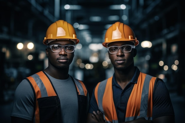 Рабочие на фабрике в защитных шляпах афроамериканцы генеративный ИИ