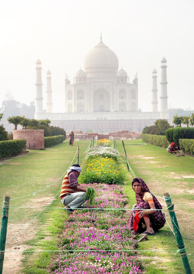 Photo workers in the garden of taj mahal