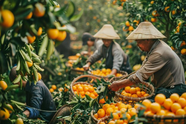 workers gathering mandarine trees harvest in the garden