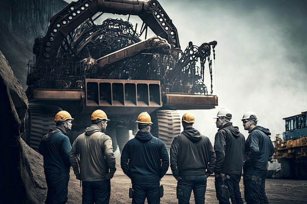 Группа рабочих в угольном карьере обсуждает проект, стоящий перед промышленной тяжелой техникой