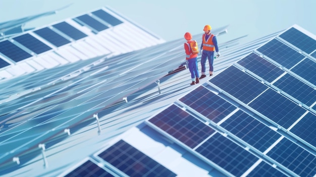 Workers in hardhats inspecting and maintaining rows of sleek black solar panels installed on a