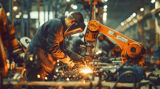 Photo workers in industrial factory with robots and sparks