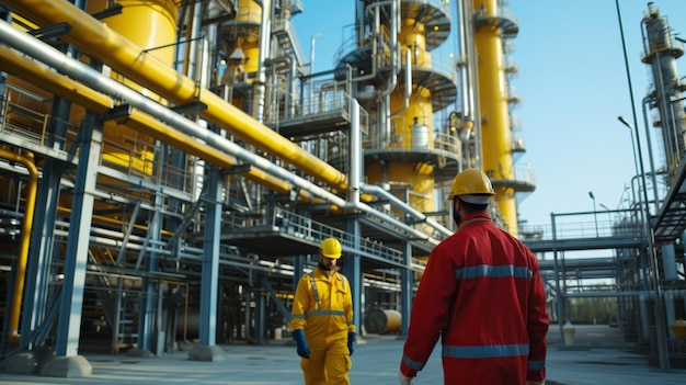 Foto lavoratori in un impianto industriale per la produzione e la trasformazione del petrolio grezzo