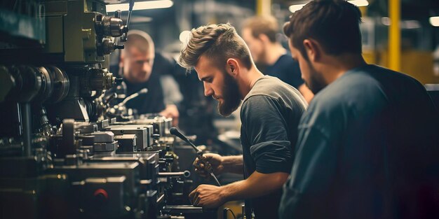 Workers inspecting and maintaining machinery in an industrial maintenance workshop