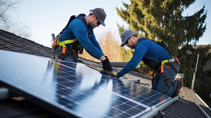 Workers Install solar panels on the roof of the house renewable energy sources energy conservation generative AI