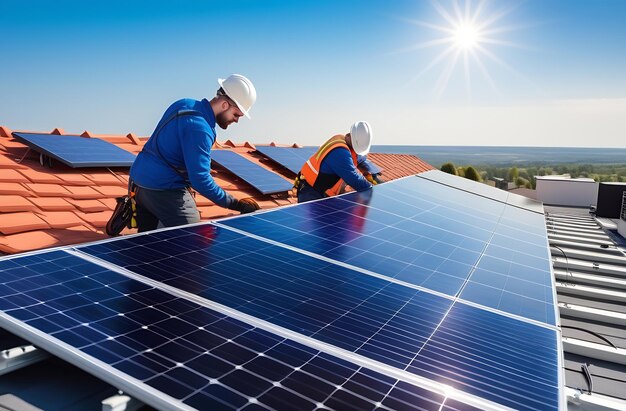 Workers install solar panels on the roof