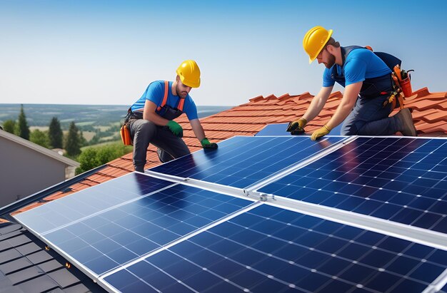 Photo workers install solar panels on the roof