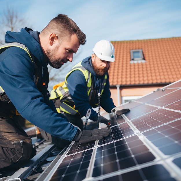 Workers installing solar panel in a house