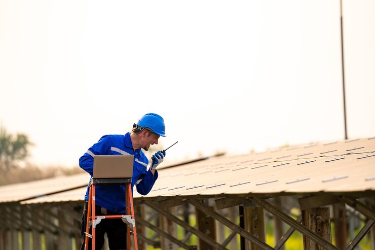 Workers installing solar panels for efficient energy in the city