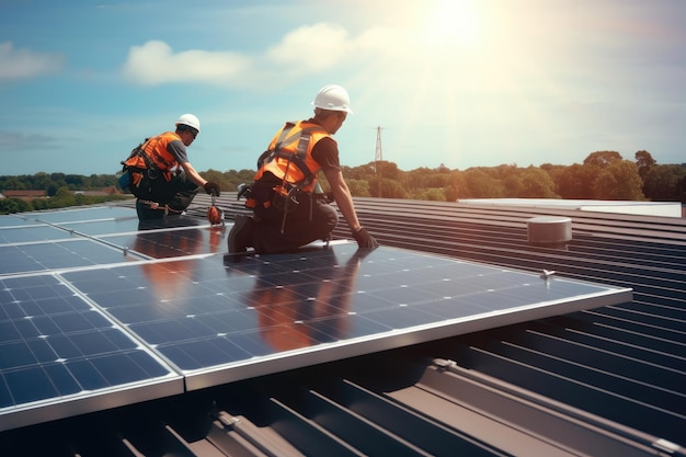 Workers installing solar panels on the roof