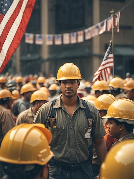 Workers at labor day concept america flag background