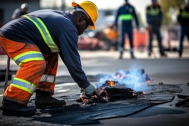 Photo workers lay a new asphalt coating using hot bitumen