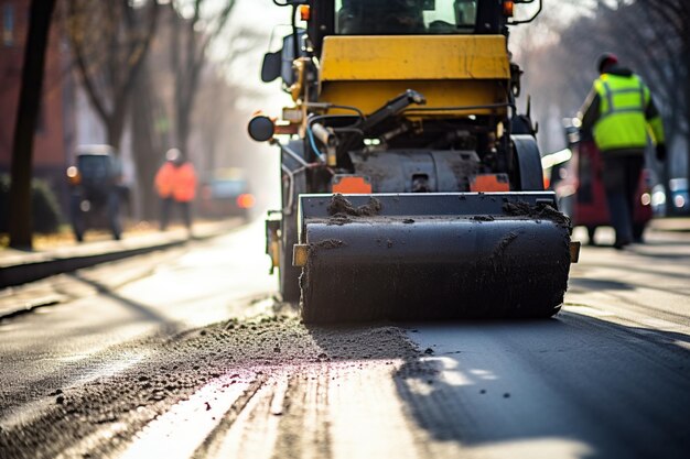 Photo workers lay a new asphalt coating using hot bitumen