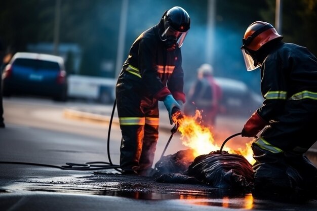 Workers lay a new asphalt coating using hot bitumen