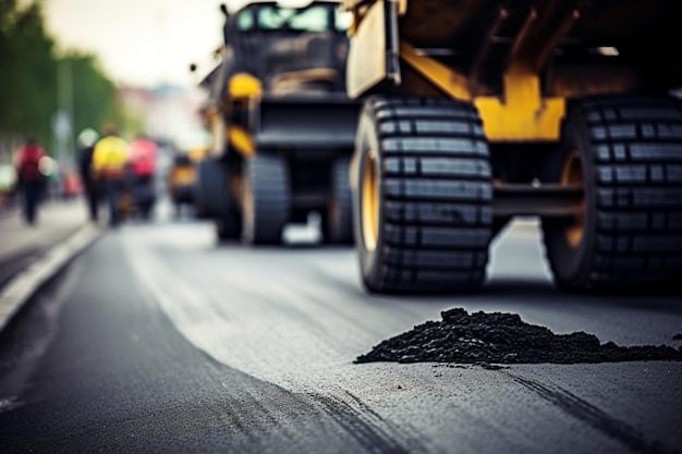 Workers lay a new asphalt coating using hot bitumen