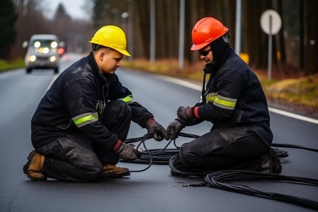 Workers lay a new asphalt coating using hot bitumen