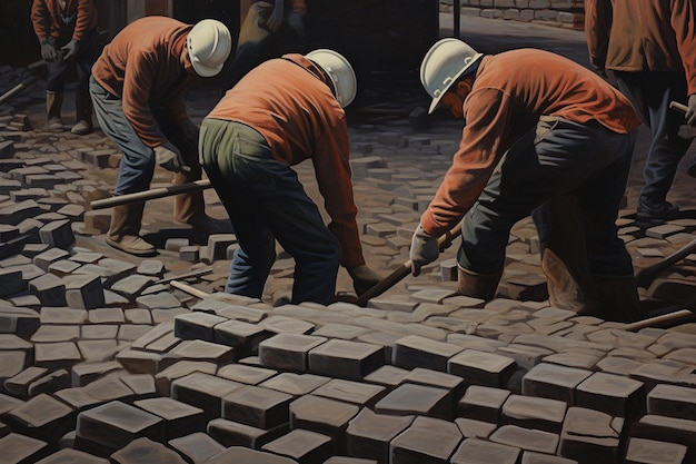 Workers lay paving stones