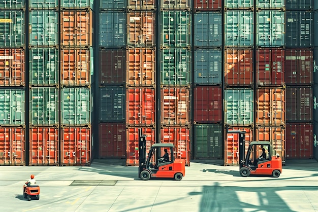 Workers maneuver forklifts around towering stacks of shipping containers at a bustling port maritime