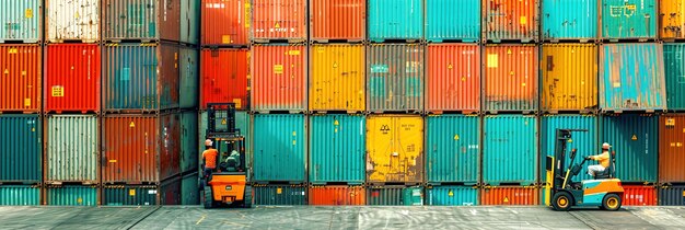 Workers maneuver forklifts around towering stacks of shipping containers at a bustling port maritime