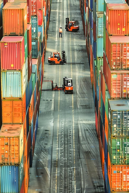 Workers maneuver forklifts around towering stacks of shipping containers at a bustling port maritime