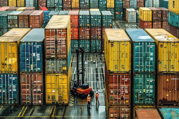 Workers maneuver forklifts around towering stacks of shipping containers at a bustling port maritime