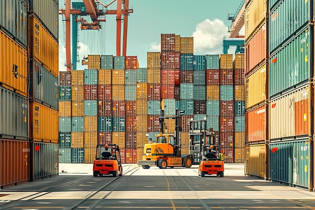 Workers maneuver forklifts around towering stacks of shipping containers at a bustling port maritime
