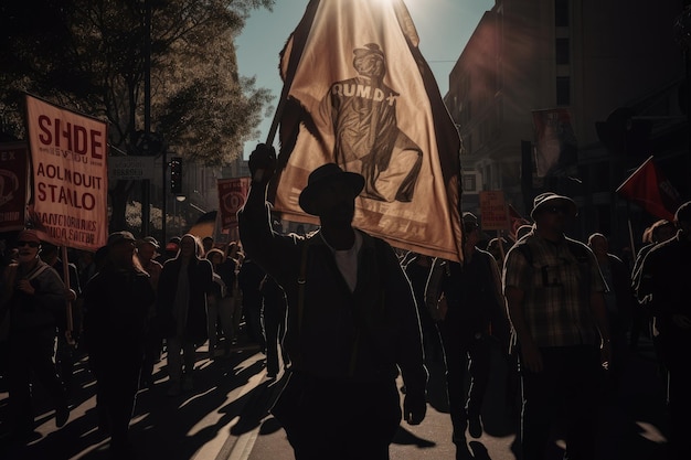 Workers march with flags in celebration of Labor Day generative IA