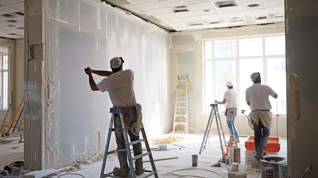 Workers meticulously apply plaster to interior walls their precise movements and attention to detail transforming raw surfaces into smooth Generated by AI