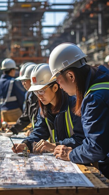 Photo workers in nuclear power plants both men and women are in charge of project building